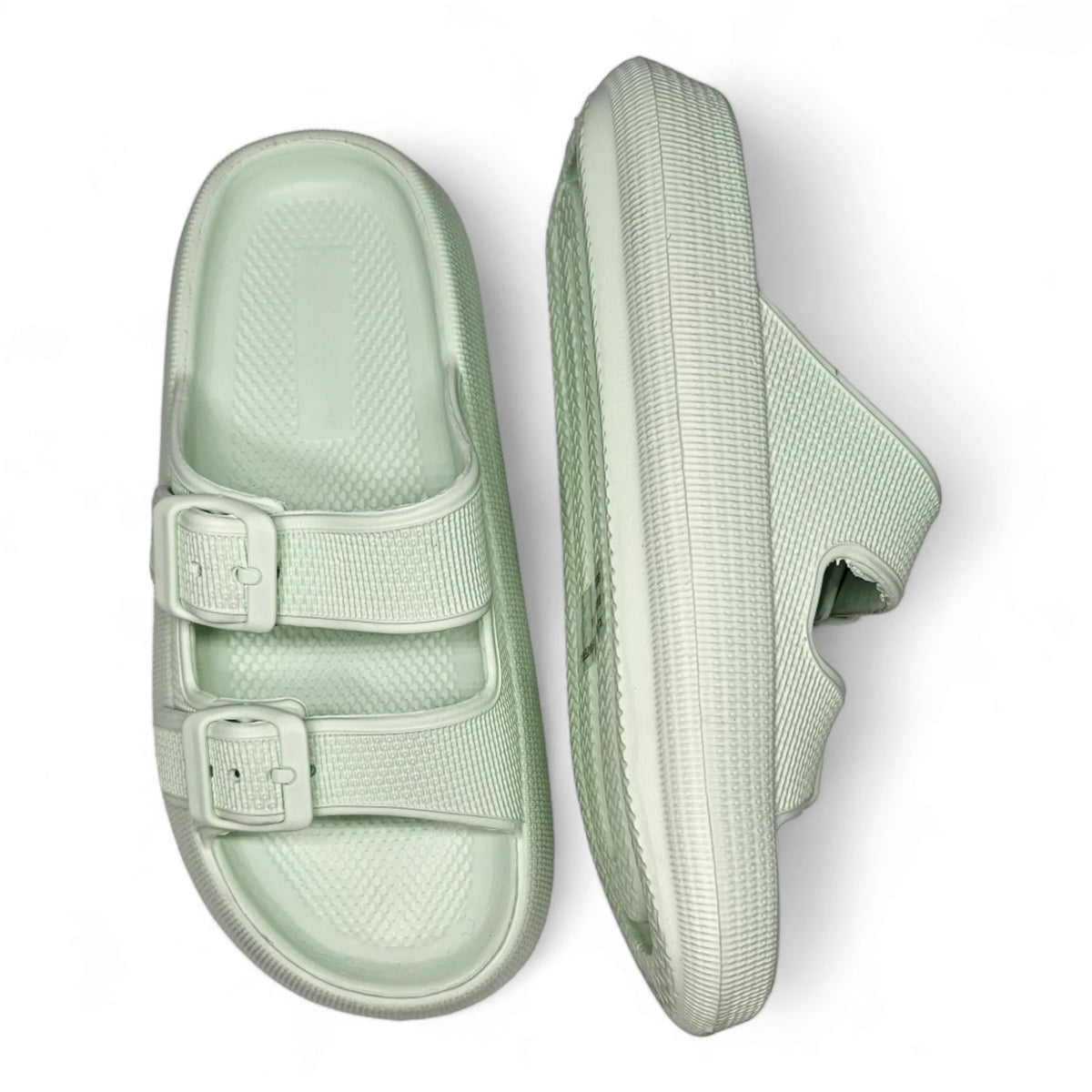 Light green Open Toe Pillow Cloud Slide sandals with two adjustable straps