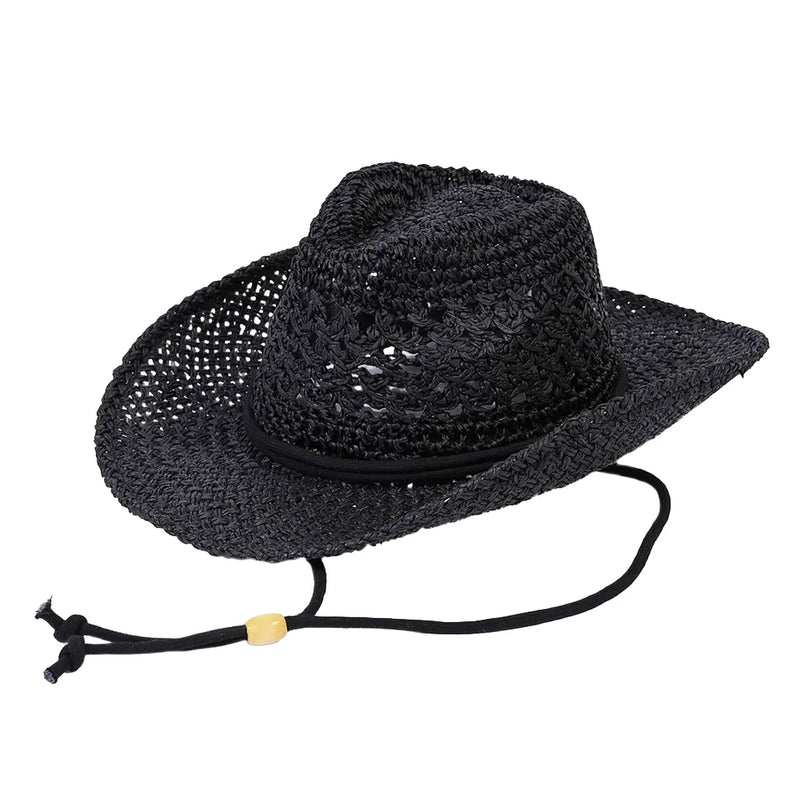 Black open weaved cowboy hat with chin strap, perfect for outdoor adventures