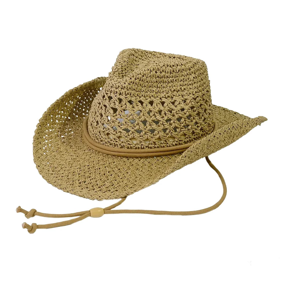 Straw Open Weaved Cowboy Hat with woven pattern and chin strap for stylish sun protection