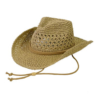 Straw Open Weaved Cowboy Hat with woven pattern and chin strap for stylish sun protection