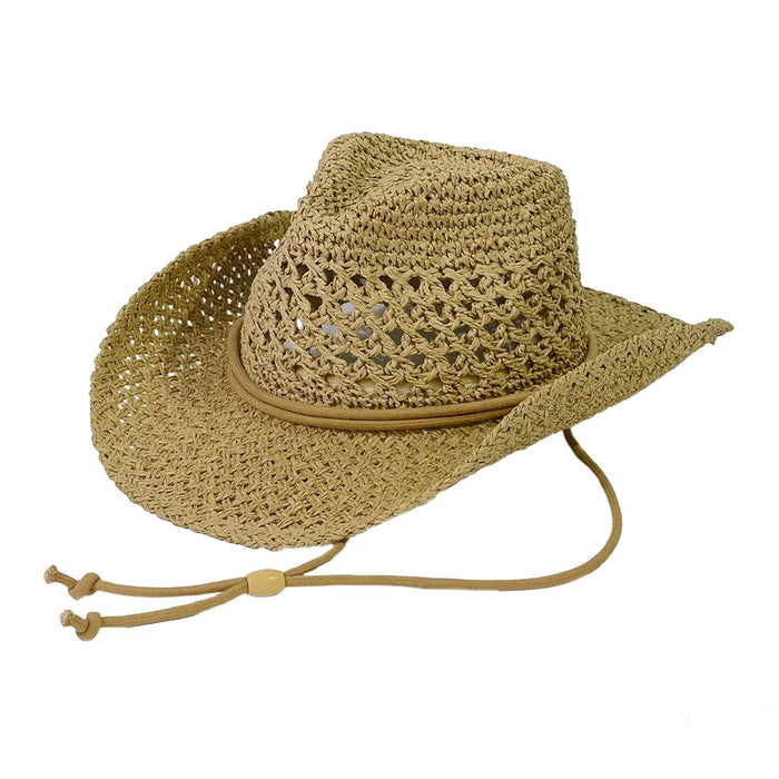 Straw Open Weaved Cowboy Hat with woven pattern and chin strap for stylish sun protection