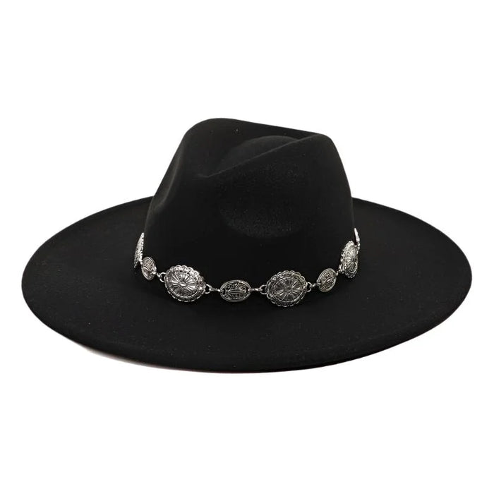 Black felt fedora with ornate silver medallion hatband and oval coin chain design