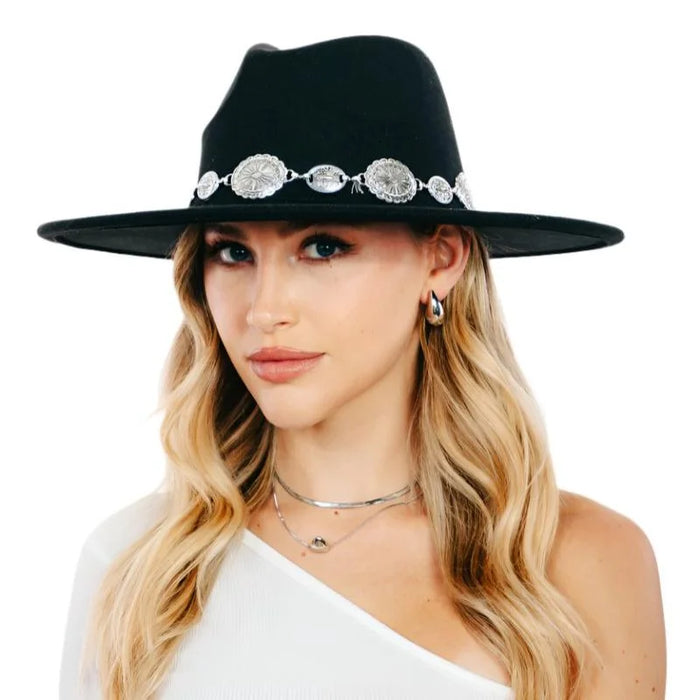 Black wide-brimmed Oval Coin Chain Fedora Hat with decorative silver concho band