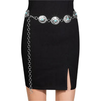 Decorative silver chain belt featuring oval concho disc medallions and turquoise accents