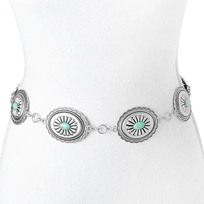 Oval Metal Turquoise Stone Design Link Belt - Turquoise - Belt
