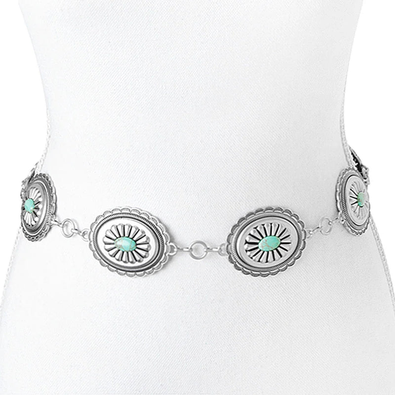 Oval Metal Turquoise Stone Design Link Belt - Turquoise - Belt