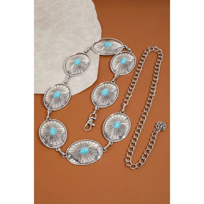 Oval Stone Stud Engraved Western Oval Chain Belt - Silver/Blue