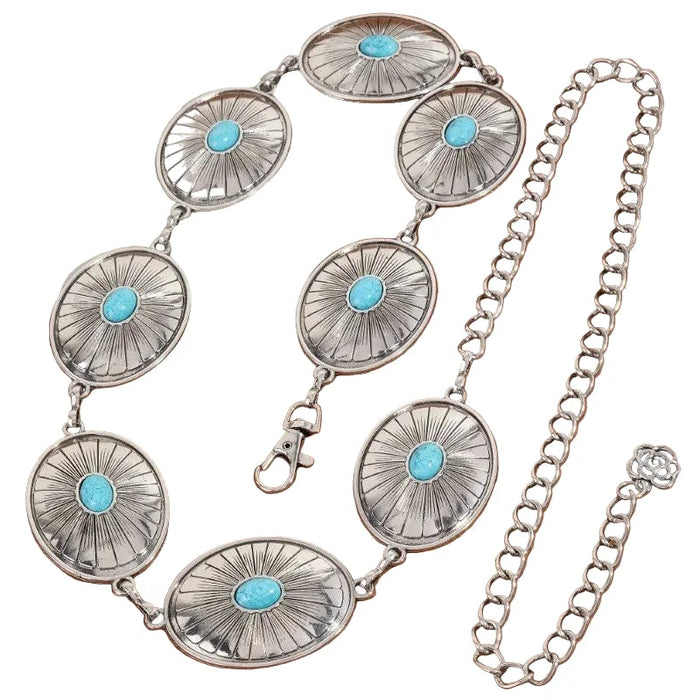 Oval Stone Stud Engraved Western Oval Chain Belt - Silver/Blue