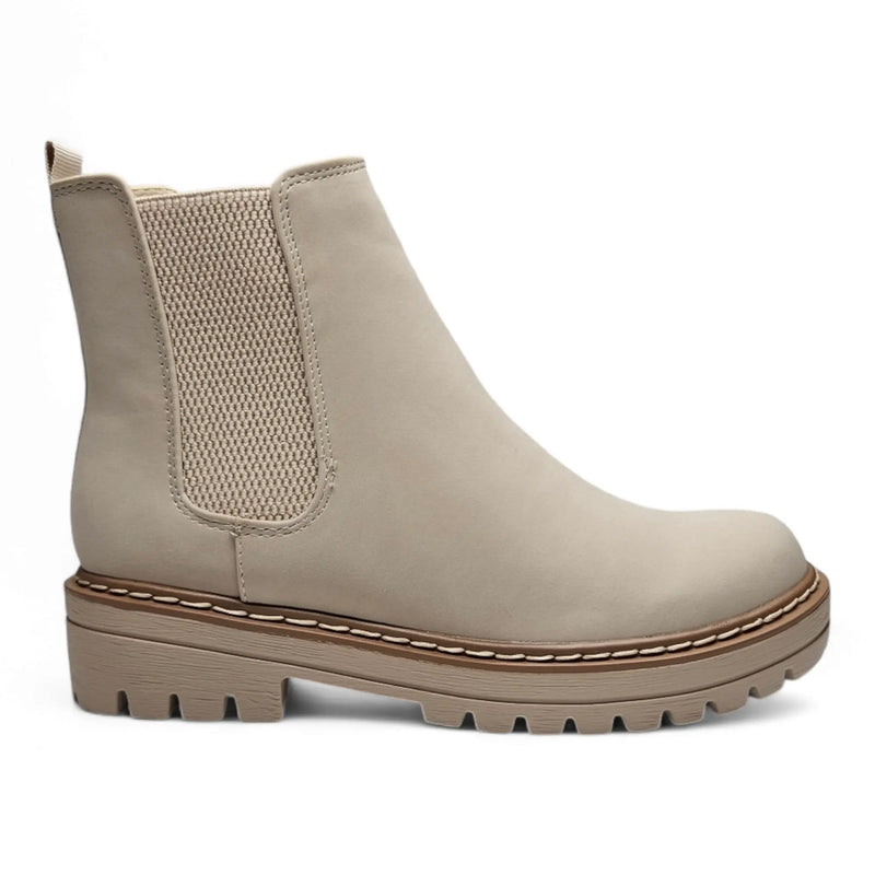 Beige leather Paden Round Toe Chelsea boot with chunky sole and elastic side panel