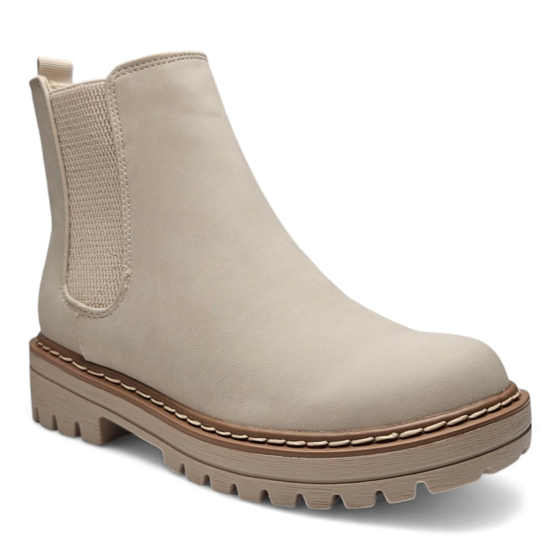 Beige leather Paden Round Toe Chelsea boot with a chunky rubber sole