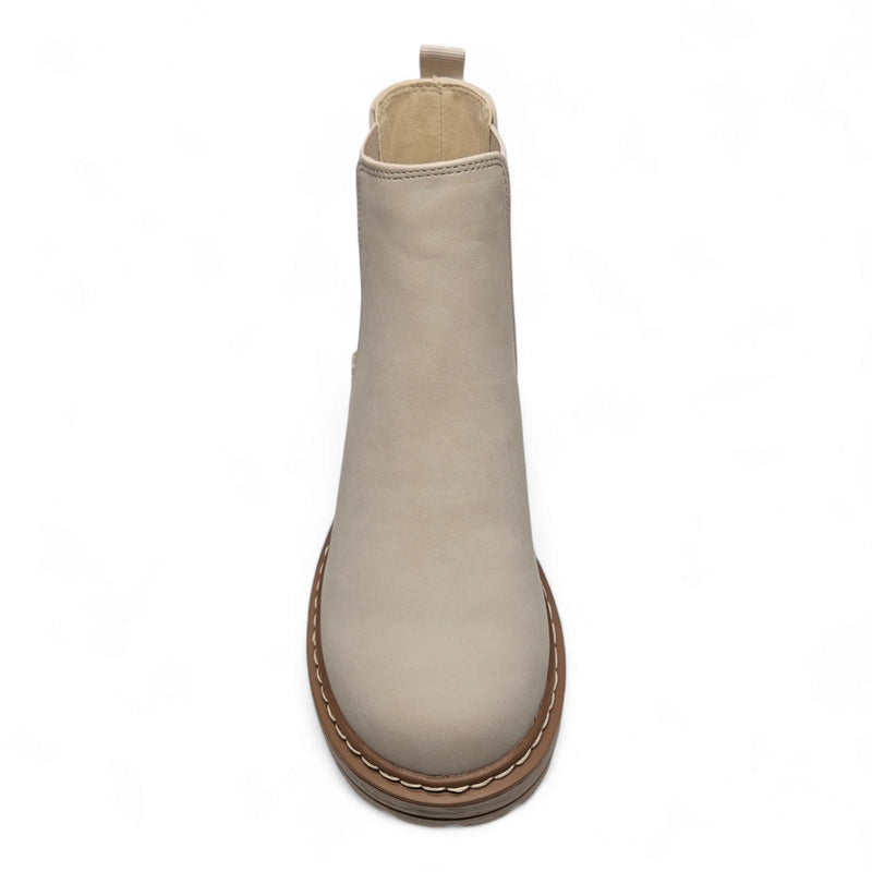 Beige Leather Paden Round Toe Chelsea Bootie with Contrasting Brown Sole