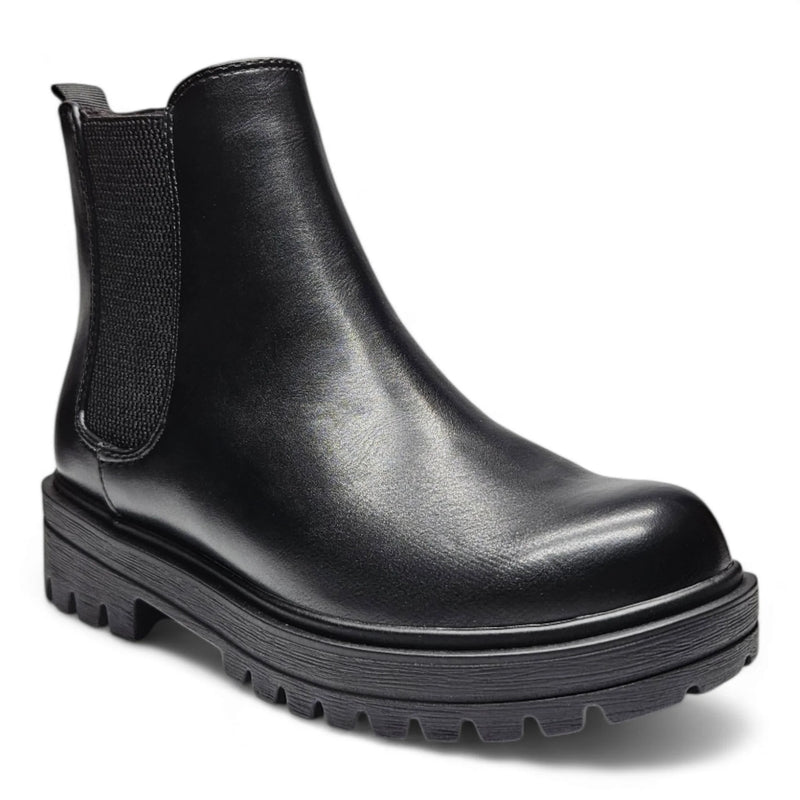 Black leather Paden Round Toe Chelsea boot with chunky rubber sole for stylish comfort