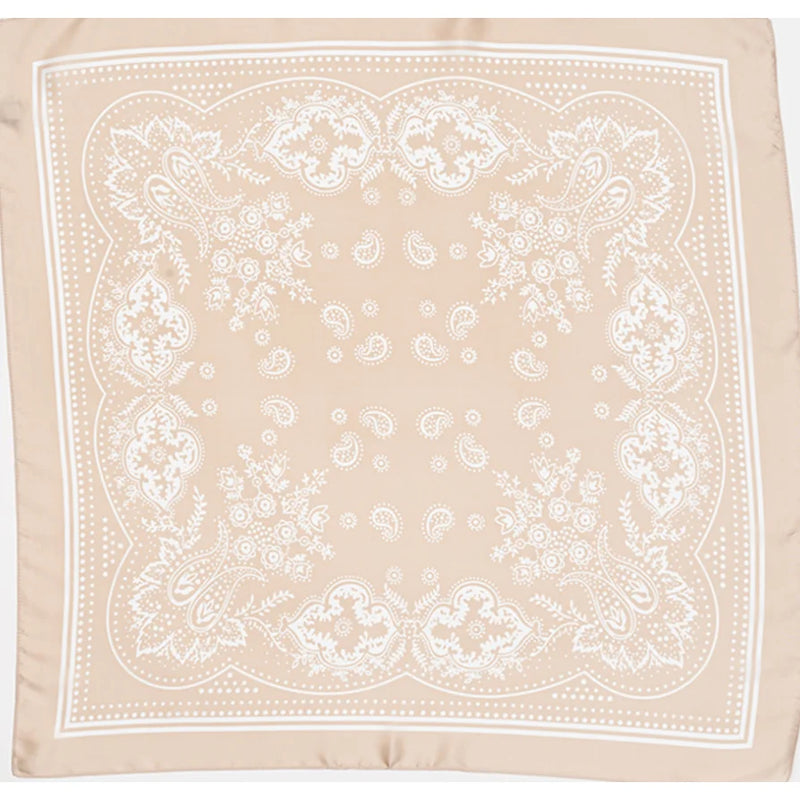 Beige Paisley Silky Scarf featuring a white paisley and floral pattern design