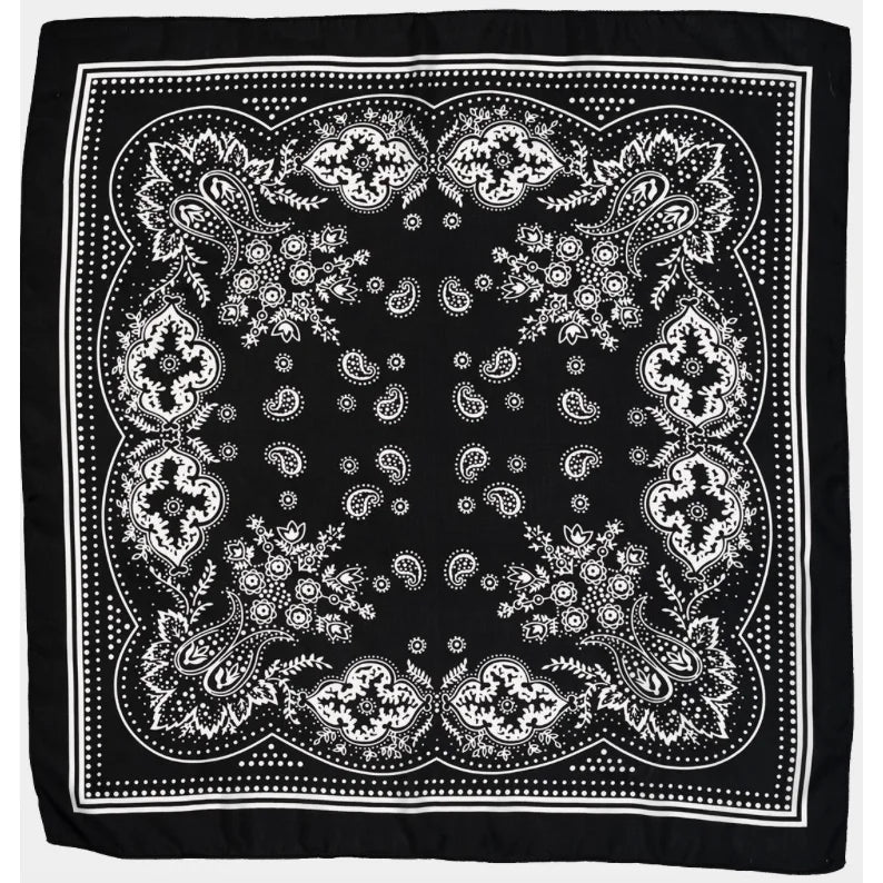 Black and white Paisley Silky Scarf featuring intricate paisley and floral patterns