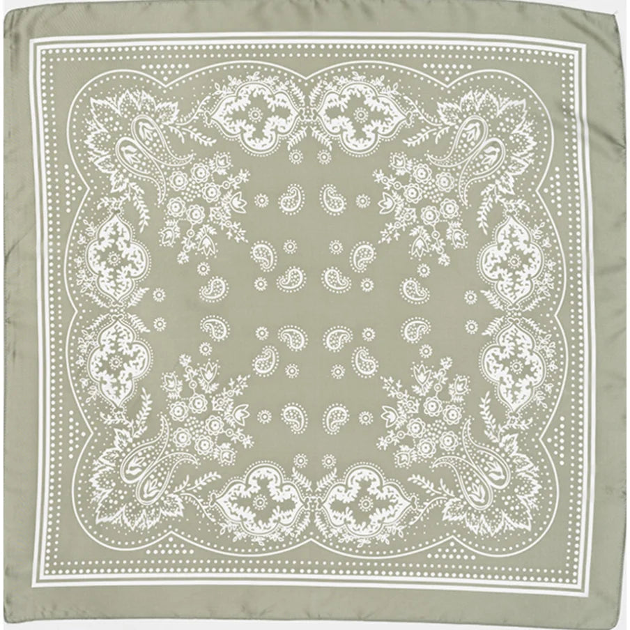 Sage green Paisley Silky Scarf with intricate white paisley and floral pattern