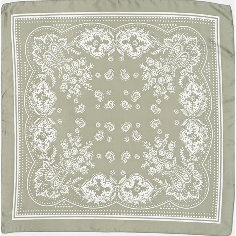 Sage green Paisley Silky Scarf with intricate white paisley and floral pattern