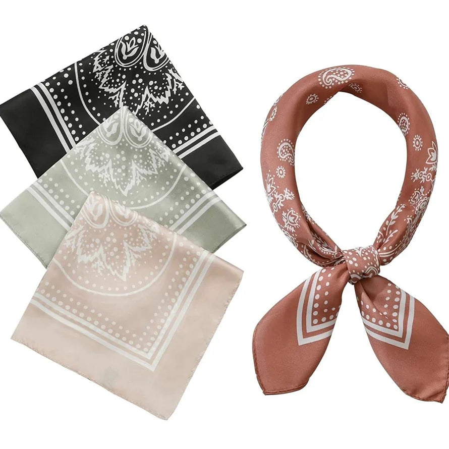 Colorful patterned bandanas and neck scarf featured in Paisley Silky Scarf collection