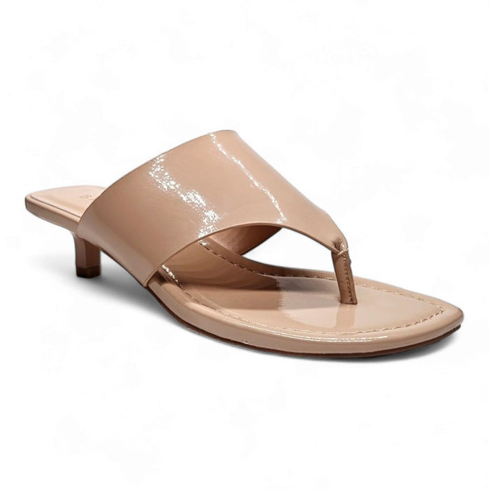 Nude patent kitten heel thong sandal with a low kitten heel design