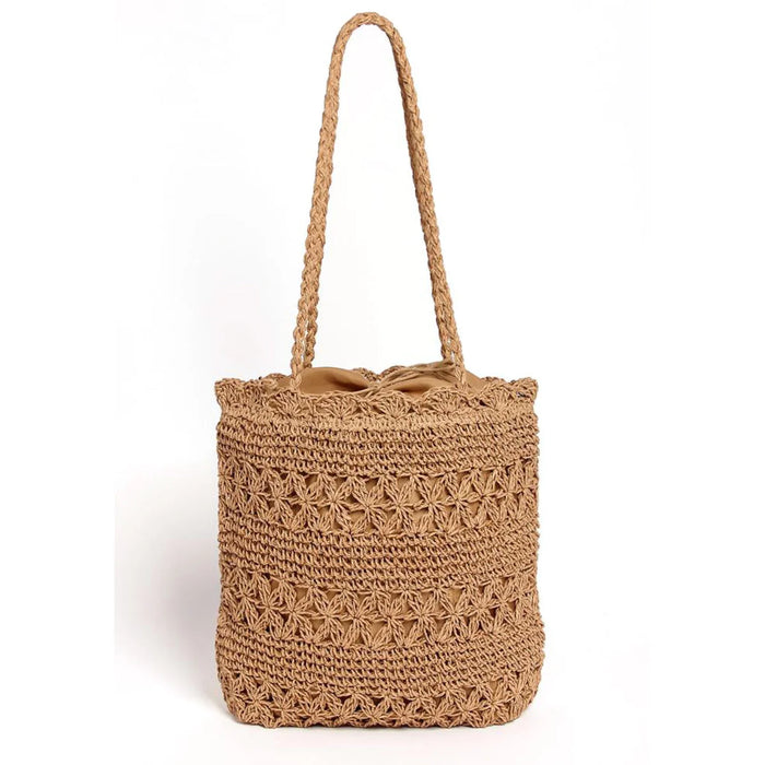 Woven Patterned Straw Tote Bag with intricate crochet pattern and braided handles