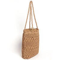 Stylish patterned straw tote bag with braided straps and a crocheted design