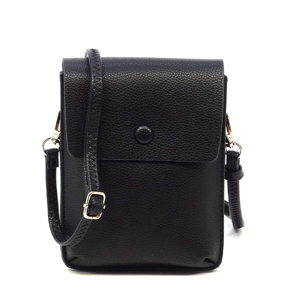 Black leather Pebble Flap Crossbody Bag with adjustable strap and flap closure