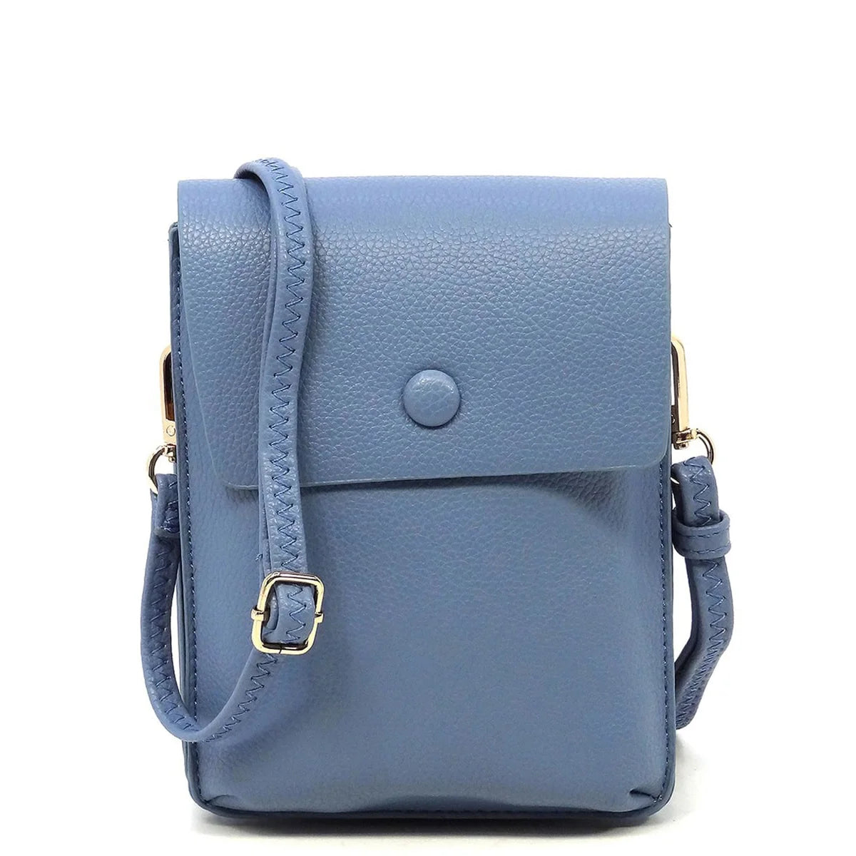 Light blue Pebble Flap Crossbody Bag with adjustable strap and front flap closure