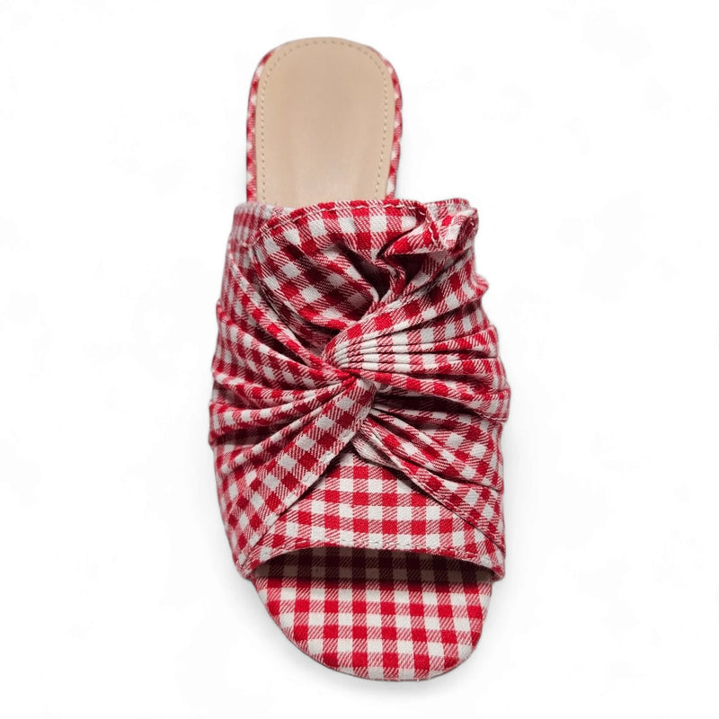 Red and white gingham Peep-Toe Picnic Mule sandal with twisted bow detail