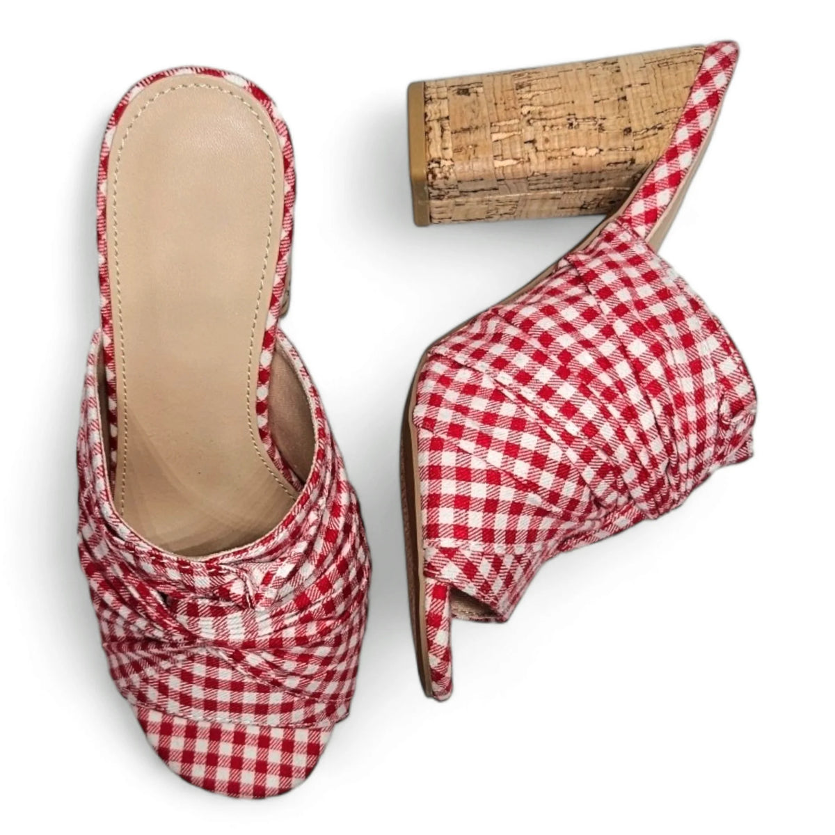 Red and white gingham Picnic Mule high-heeled sandal with cork heel