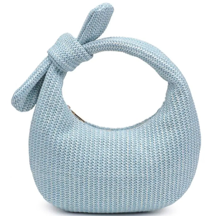 Light blue woven design knot handle clutch bag from Penny Woven Design collection