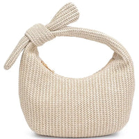 Woven beige knot handle clutch bag featuring Penny Woven Design and intricate woven design knot
