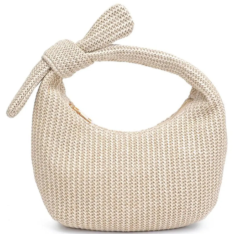 Woven beige knot handle clutch bag featuring Penny Woven Design and intricate woven design knot