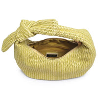 Woven yellow handbag with knot handle showcasing Penny Woven Design and woven design knot