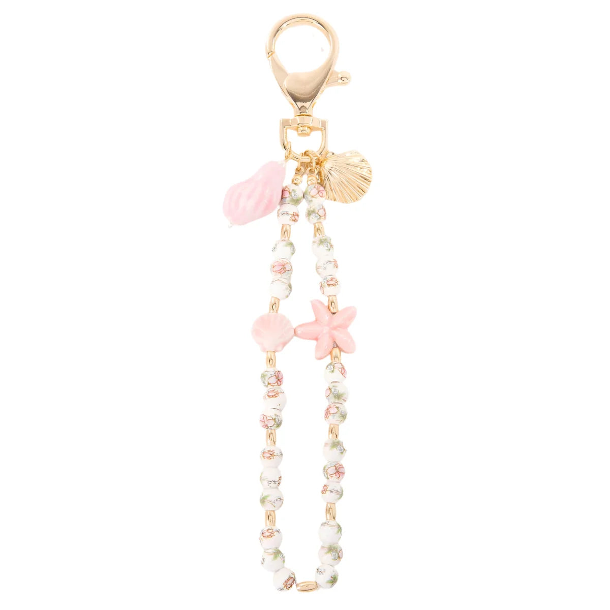 Pink Sea Shells And Floral Ceramic Beaded Bag Charm - Bag Charms