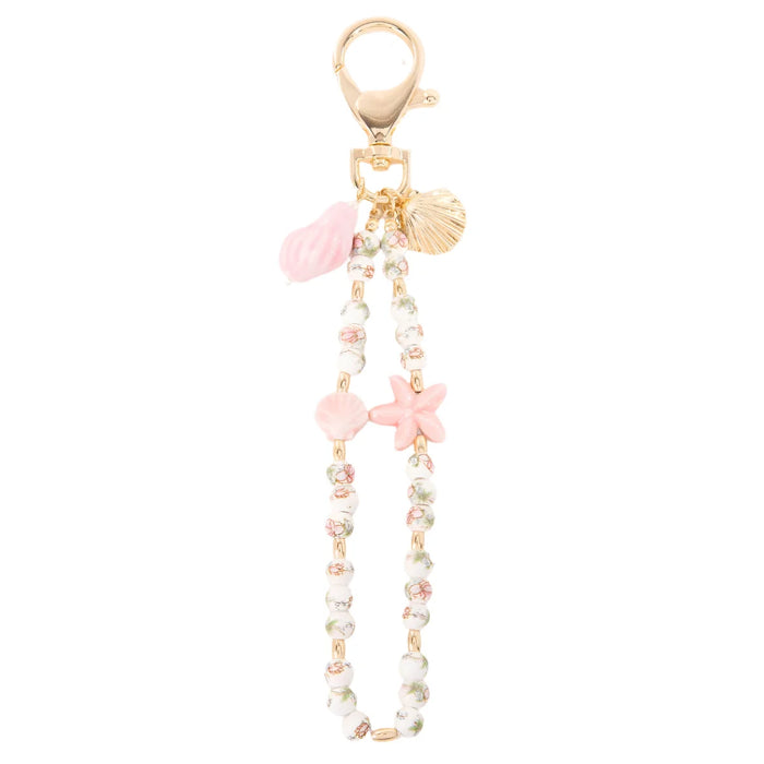 Pink Sea Shells And Floral Ceramic Beaded Bag Charm - Bag Charms