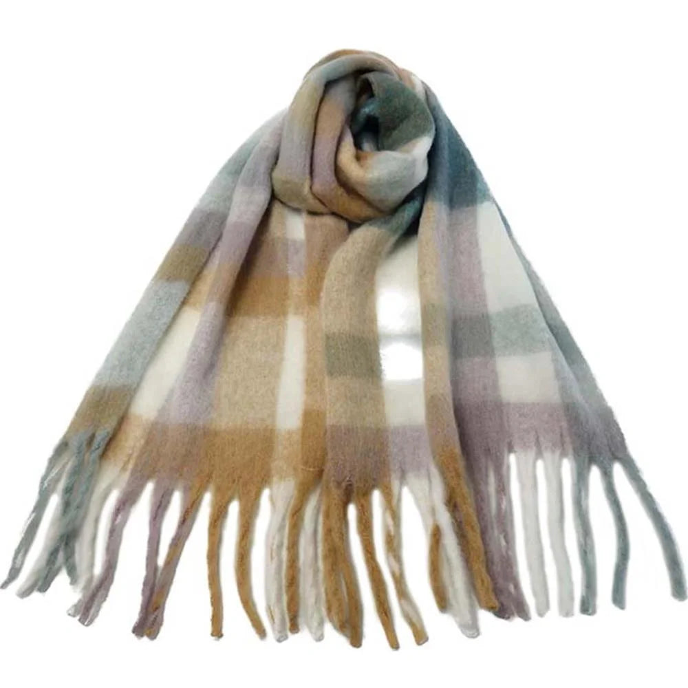 Plaid Fringe Oblong Scarf in muted pastel colors with fringed ends