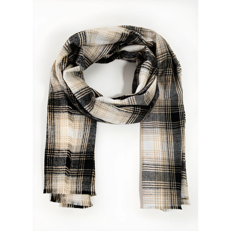 Plaid Print Oblong Scarf in black, white, and beige with frayed edge detail