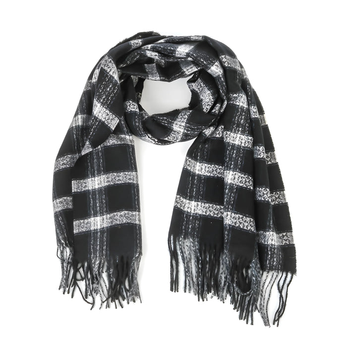 Black and white plaid winter fringe oblong scarf with fringed ends for stylish warmth