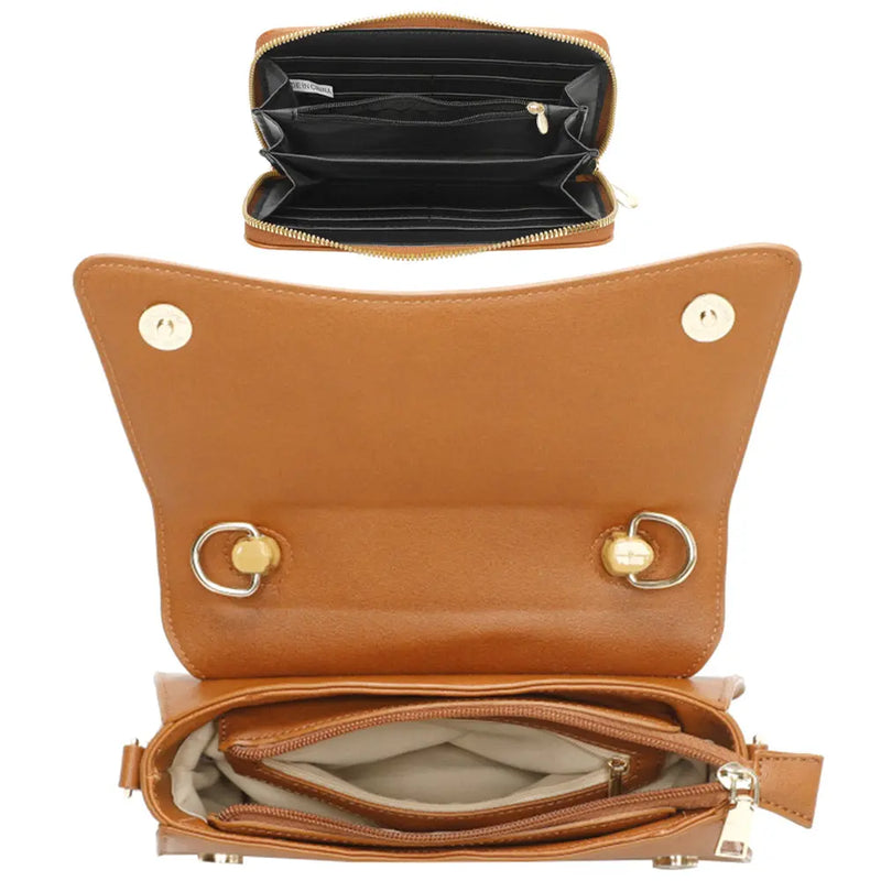 Tan leather handbag with gold-tone hardware and curved wooden handle compartments