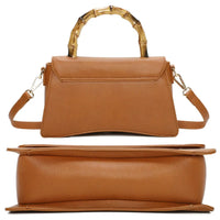 Tan leather handbag with curved wooden handle and detachable shoulder strap