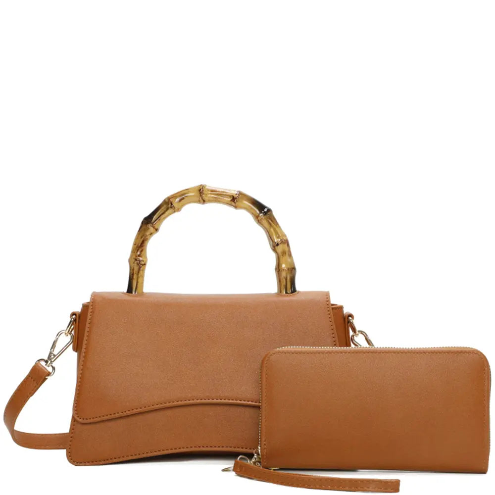 Tan leather handbag and wallet set with curved wooden handle for stylish crossbody wear