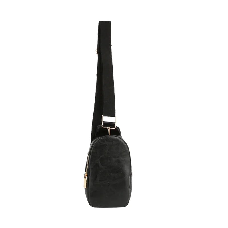 Black leather Plain Chic Zipper Sling Bag with a single strap for stylish convenience