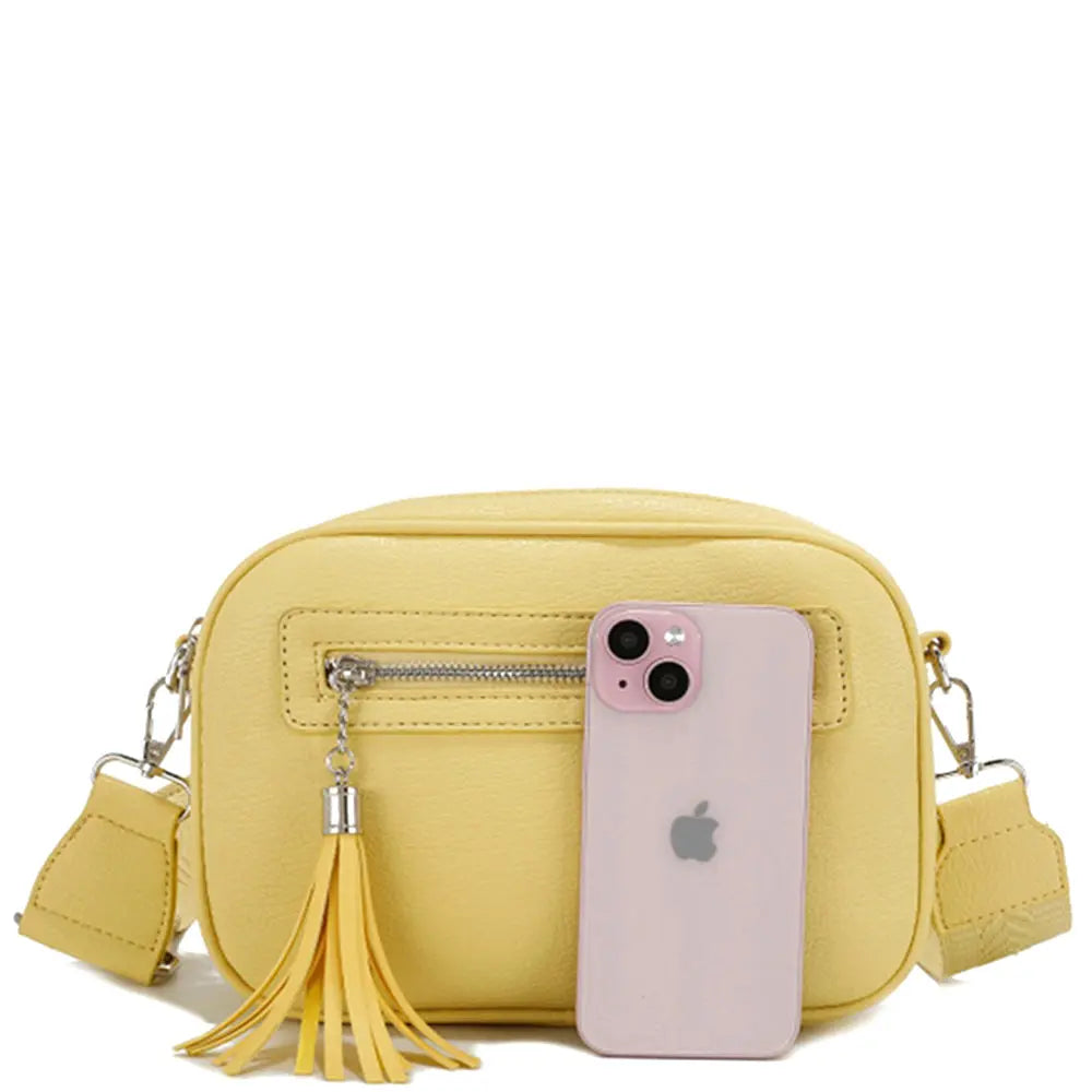 Yellow crossbody bag with tassel, plain color zipper crossbody bag for everyday style