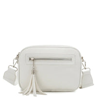 White crossbody bag with tassel featuring a plain color zipper for stylish Zipper Crossbody Bag look
