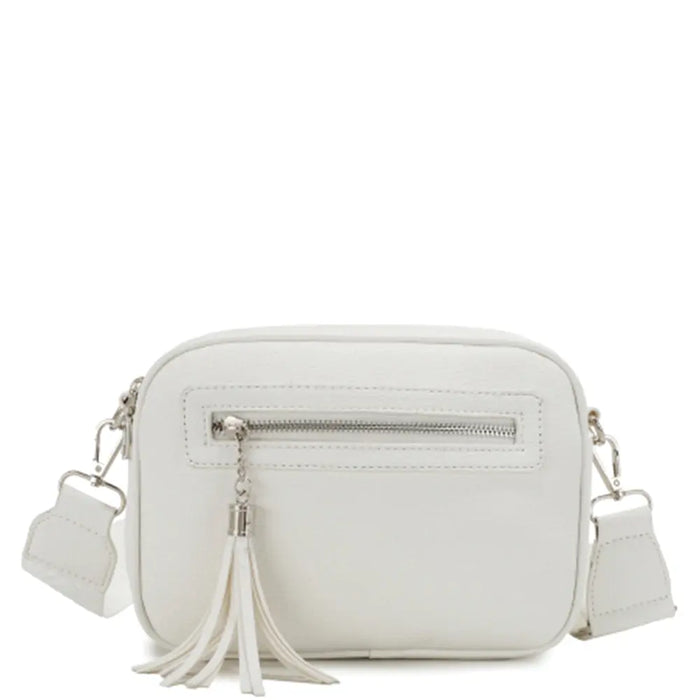 White crossbody bag with tassel featuring a plain color zipper for stylish Zipper Crossbody Bag look