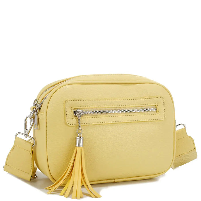 Yellow leather plain color zipper crossbody bag with tassel for stylish accessorizing