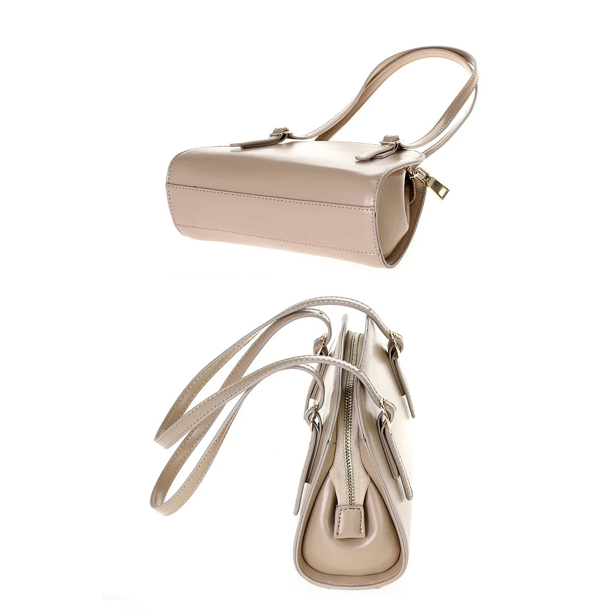 Beige leather handbag featuring plain curve design and adjustable shoulder strap