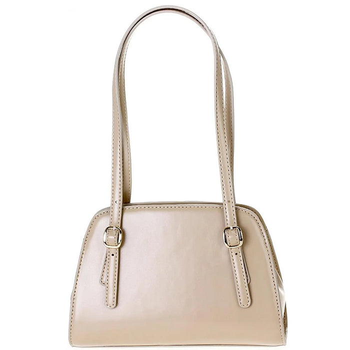 Beige leather handbag with double handles, perfect for a Plain Curve Design Shoulder Bag