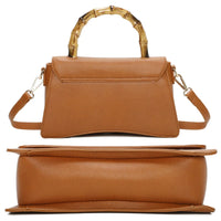 Tan leather handbag with curved wooden handle and detachable shoulder strap