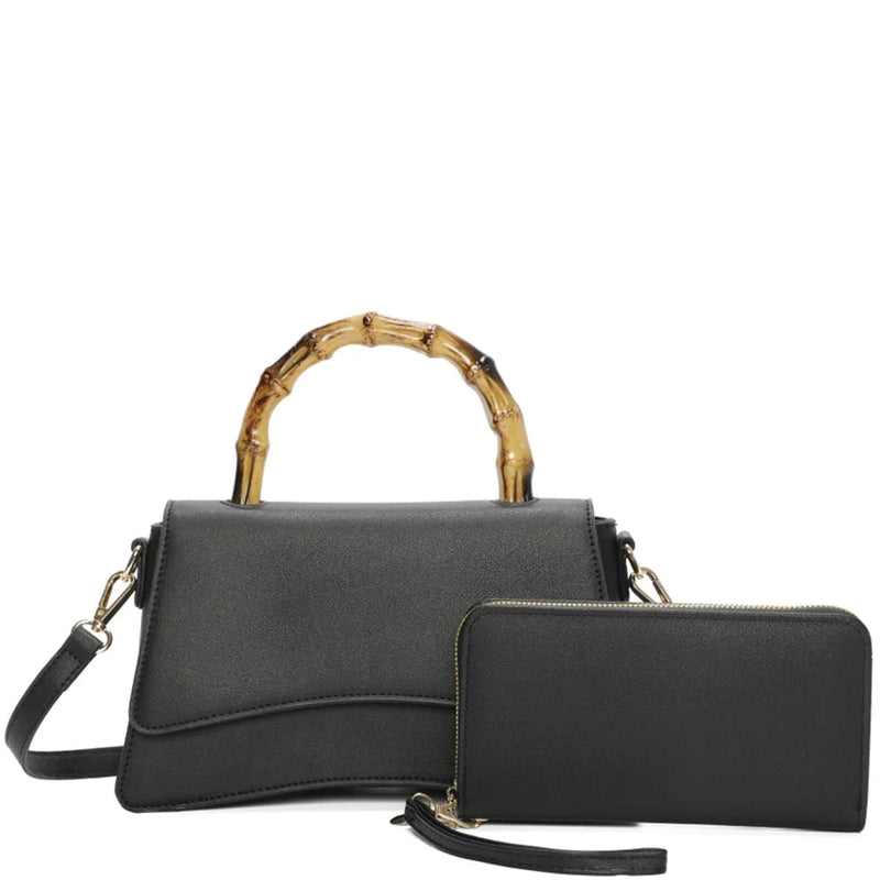 Black leather handbag with bamboo handle and matching wallet in Curved Wooden Handle set