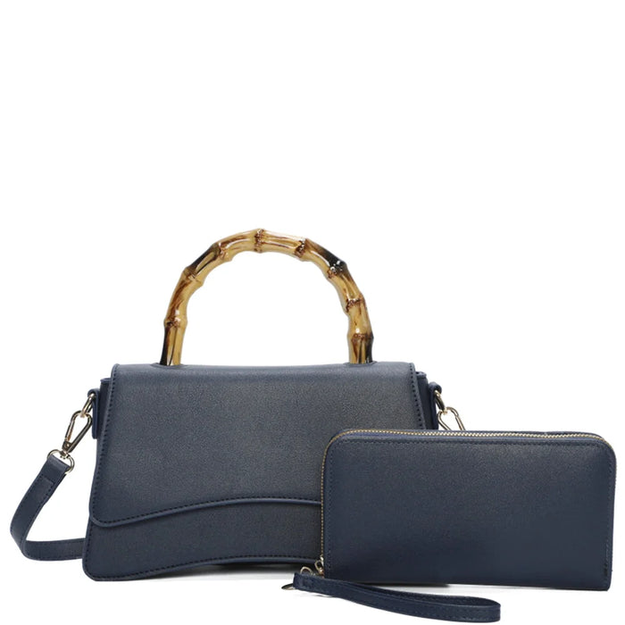 Navy blue handbag with curved wooden handle and matching wallet in set